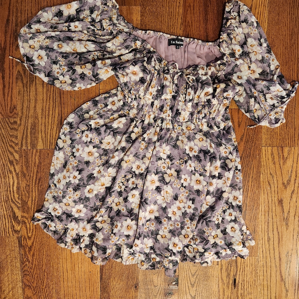 En Saison Floral Puff Sleeve Dress - Purple and White